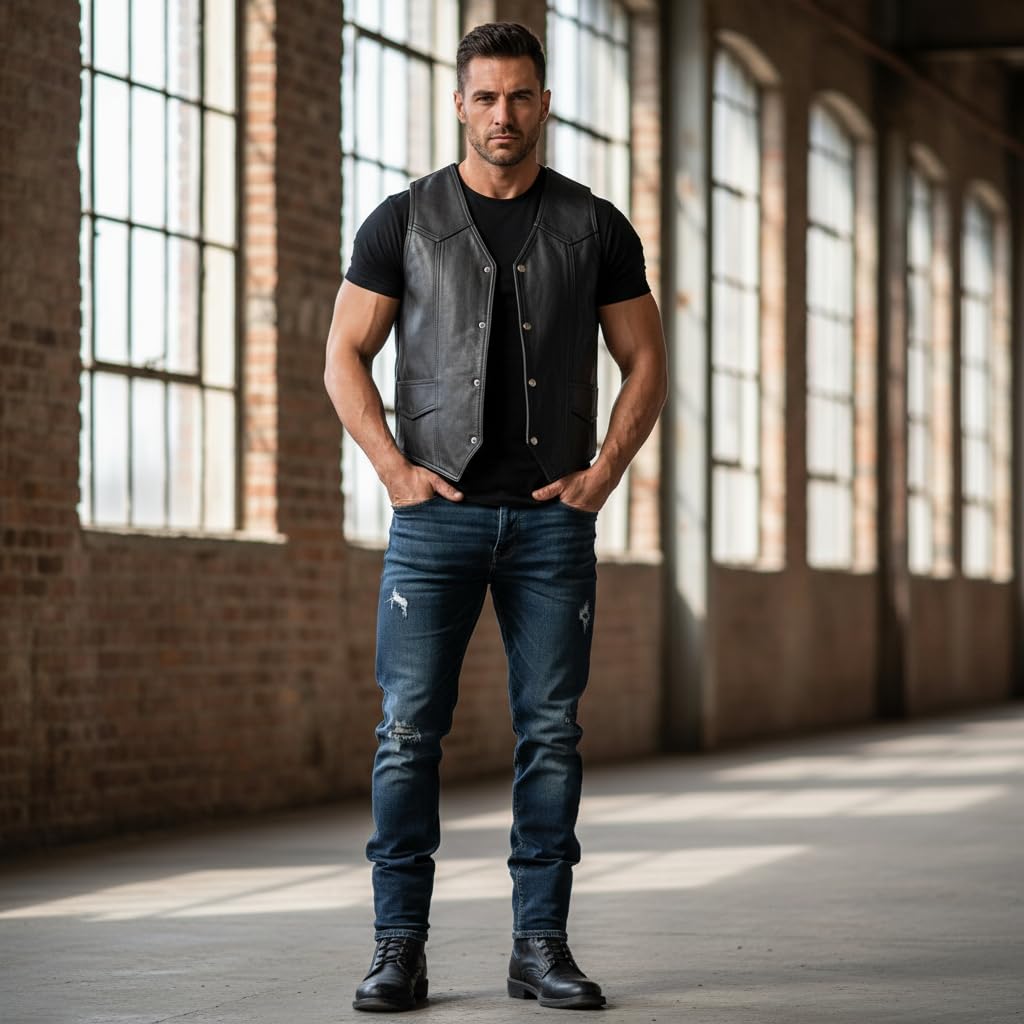 REED EST. 1950 Men’s Soft Durable Leather Vest – Genuine Leather Black Vest with 2 Inside Pockets - Image 8